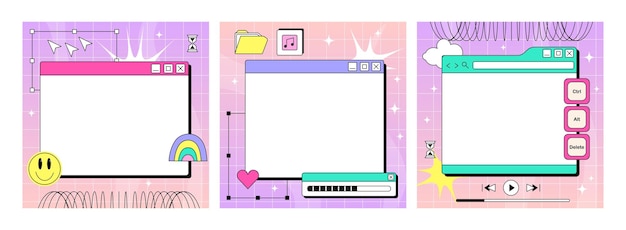 Vector set of sheets for writing in the y2k style. retro interface of an old computer with a bright color.