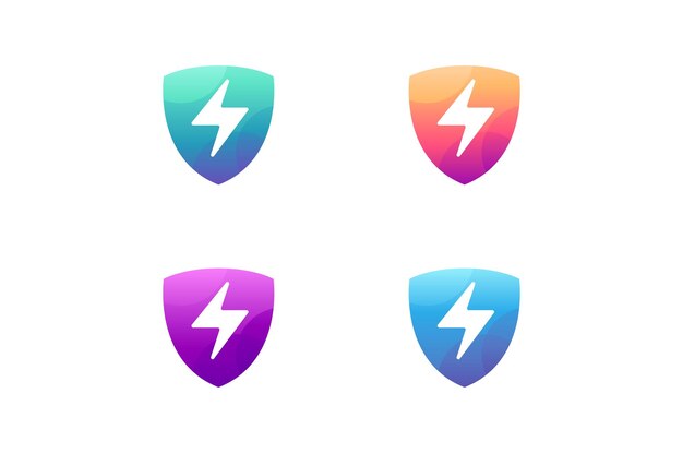 Vector set shield protection logo design with thunderbolt symbol