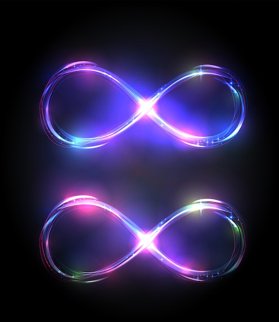 Set di simboli di infinito splendente. segni luminosi viola e viola.
