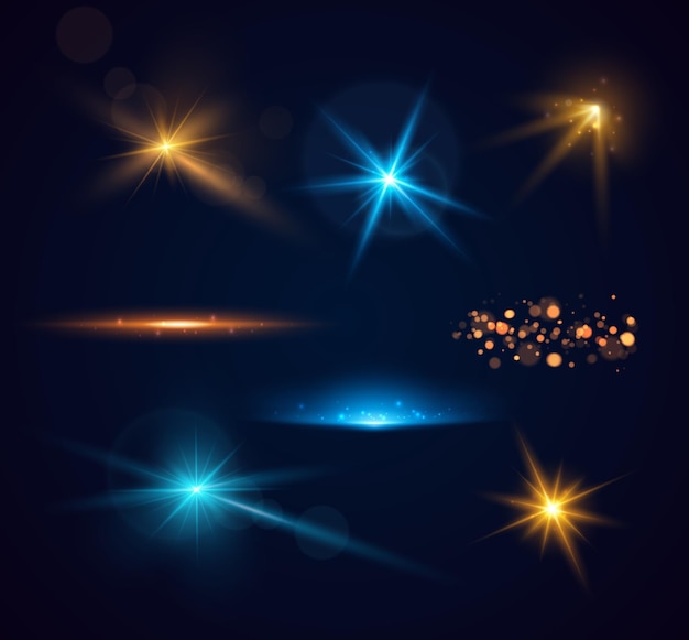 Vector set of shining sparkles and lens flares glowing lights isolated on transparent background vector ill...