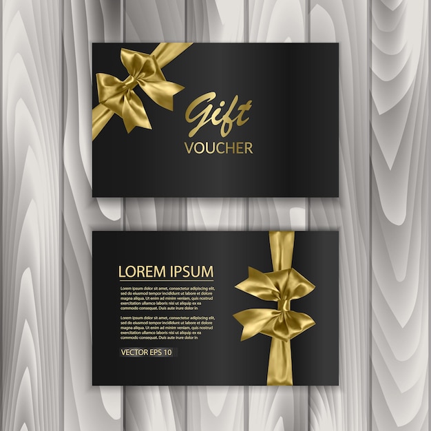 Set of shiny gift voucher with realistic golden bow.