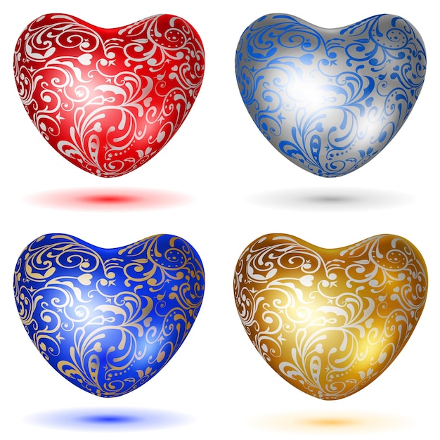 Set of shiny hearts with curls in various colors