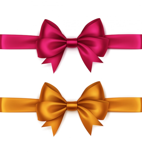 Vector set of shiny orange bright pink magenta satin bows and ribbons top view close up isolated on white background