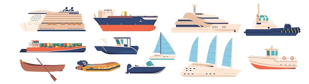 Set di navi e barche isolate su sfondo bianco navi marine di diversi tipi per carico e viaggio