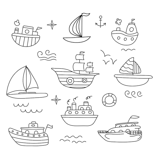 Set of Ships in doodle style Vector illustration