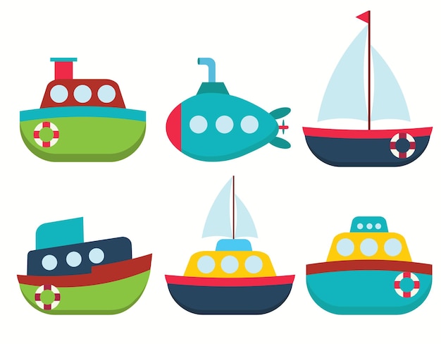 Vector set of ships the steamers the submarine illustration for children