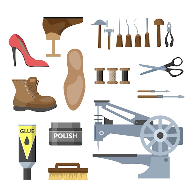 Vector set of the shoe repair equipment illustration. hammer and scissors, boot and pricker. working as cobbler. isolated vector flat illustration