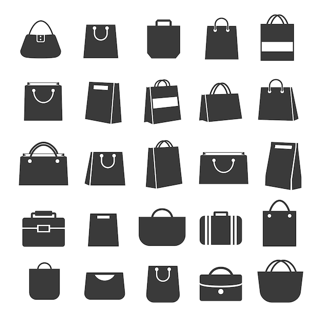 Set of shopping bag icons black color and flat style isolated on white background Vector illustration