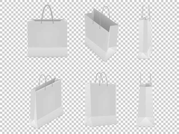 Set of shopping bags from plastic or paper with handles on transparent