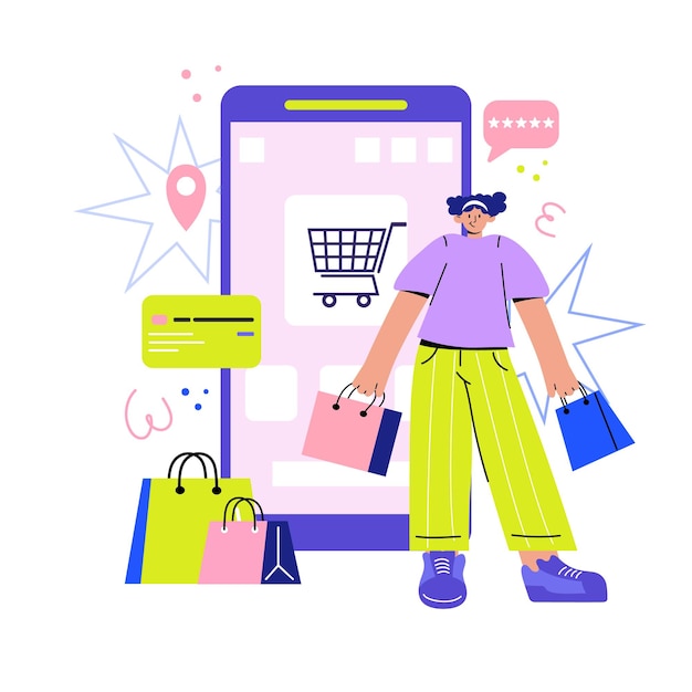Set of shopping bags Isolated bright colorful flat illustration
