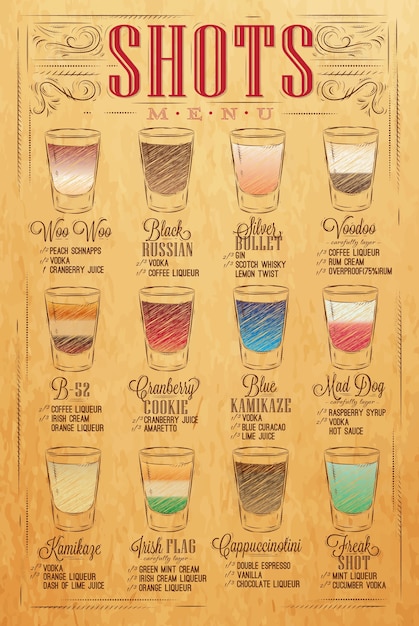 Vector set of shots menu with a shots drinks with names in vintage style stylized drawing with craft