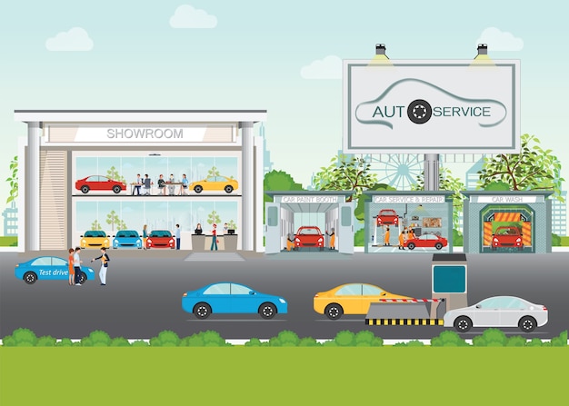 Vector set of showroom car service station