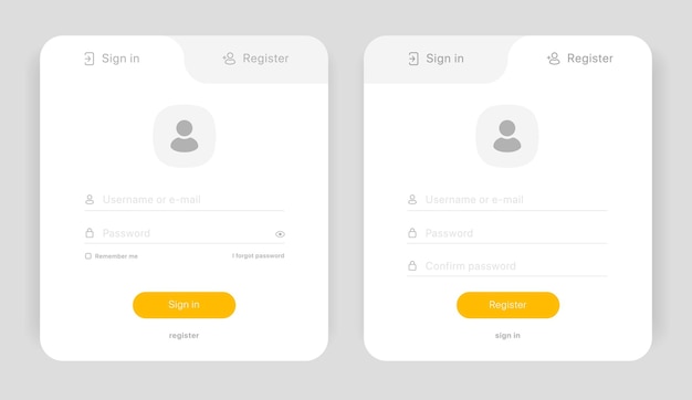 Set of sign up and sign in forms. registration and login forms page. register page. username, email.