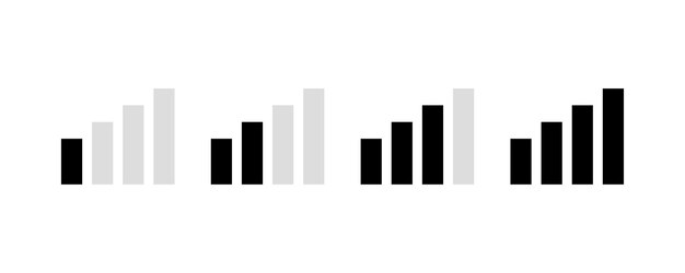 Set of signal strength sign symbols 4G network connection strength rating on white background