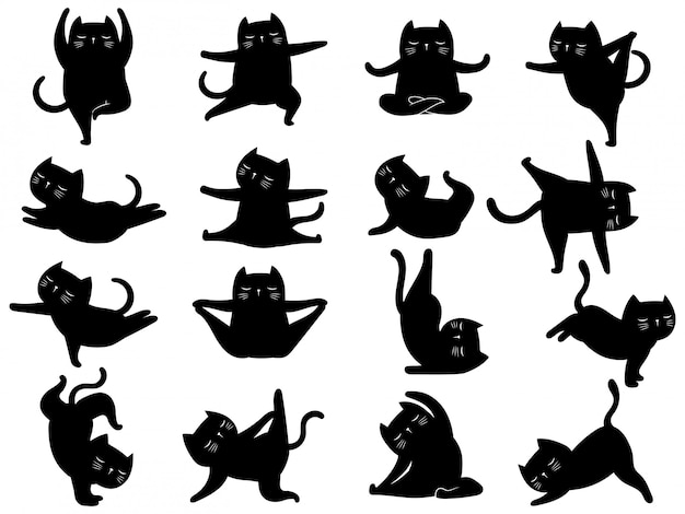 Vector set silhouet kat yoga. verzameling van verschillende kitten yoga houdingen en oefeningen.