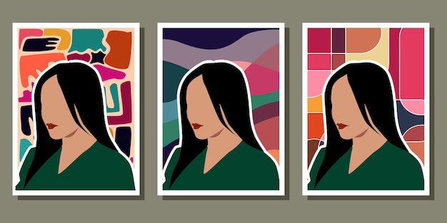 Set of silhouette abstract woman posters in boho style