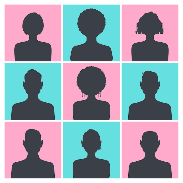 Set di immagini del profilo avatar silhouette isolato sul quadrato blu e rosa.