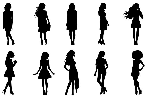 Vector set of silhouette black people on white background profile walking girls vector illustration