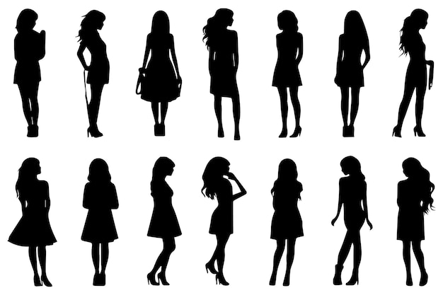 Vector set of silhouette black people on white background profile walking girls vector illustration