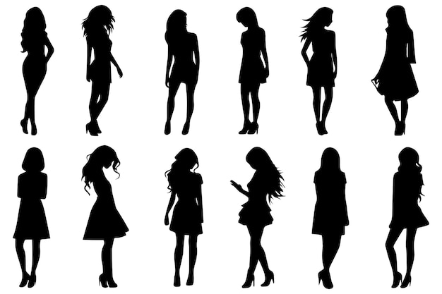 Vector set of silhouette black people on white background profile walking girls vector illustration