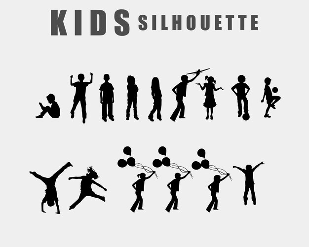 set of silhouette group kids running laughing playing together enjoy the happiness