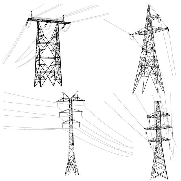 Vector set silhouette of high voltage power lines on a white background