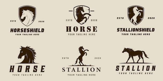 Set of silhouette horse logo vector vintage illustration template icon graphic design bundle collection of various stallion wild animal sign or symbol for farm and ranch concept