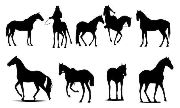 Una serie di illustrazioni vettoriali di silhouette di cavalli