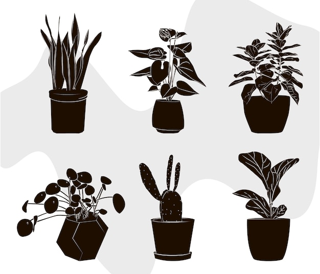 Set of silhouette indoor plants flat line arts.