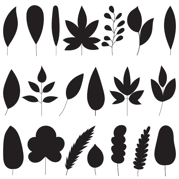 Vettore impostare le foglie della silhouette degli alberi sul vettore di sfondo bianco