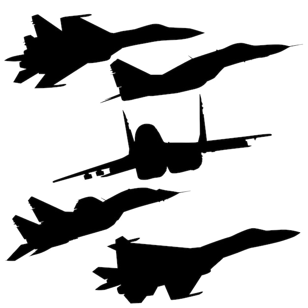 Set silhouette military combat airplane on a white background