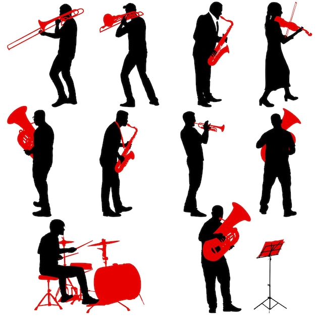 Vettore impostare la silhouette del musicista che suona il sassofono tromba trombone batterista tuba su sfondo bianco