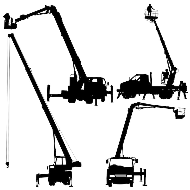 Vector set silhouette on a white background of aerial platform or crane on a vehicle