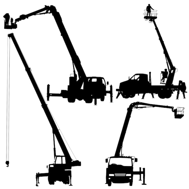 ベクトル 車両の空中プラットフォームまたはクレーンの白い背景のシルエットをセット
