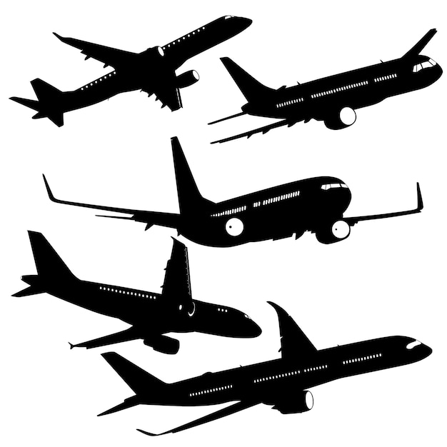 Set silhouette passenger aircraft on a white background