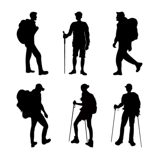 Set of silhouette of people climbing mountains