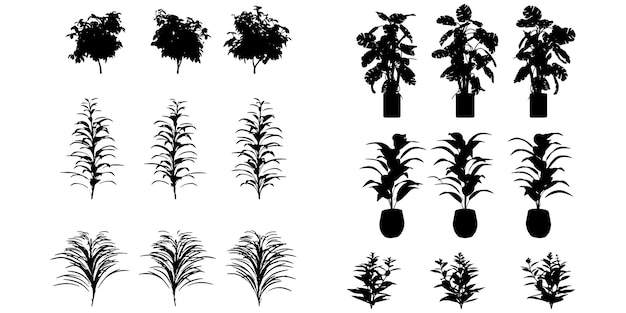 Vector set of silhouette plant flowers and leaves silhouette vector eps10