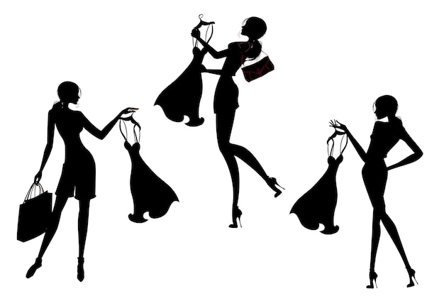 Set silhouette Pretty shopping girls black on white background vector illustration