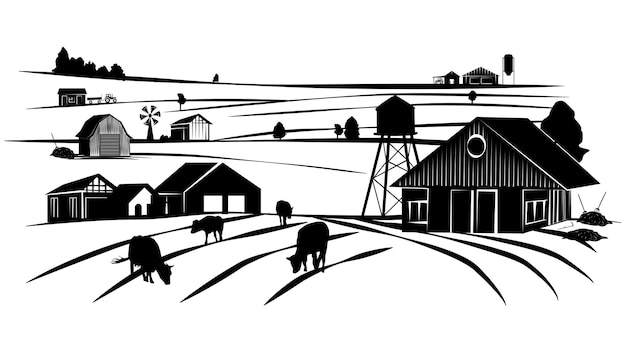 白色に隔離された畑,納屋,機械の農場生活のシルエットシーンセット