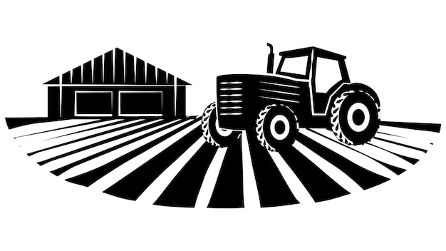 Vettore set di scene di silhouette della vita agricola con campi, fienili e macchinari isolati su bianco