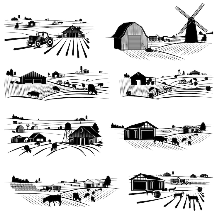 Vector set of silhouette scenes from farm life with fields barns and machinery isolated on white