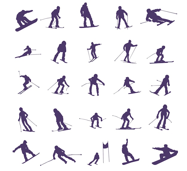 Vector set of silhouette skiers and snowboarders