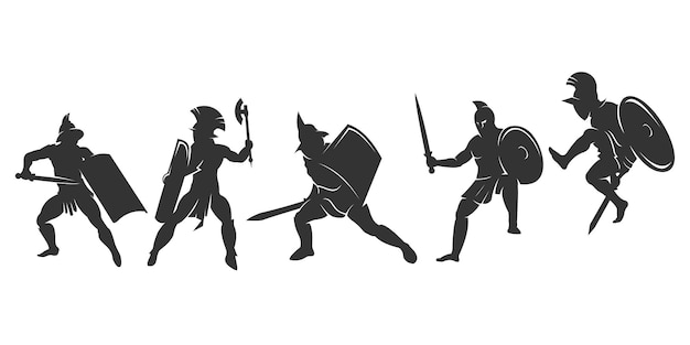 Set of silhouette spartan or gladiator fighter