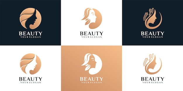 set of silhouette woman face feminine lifestyle salon