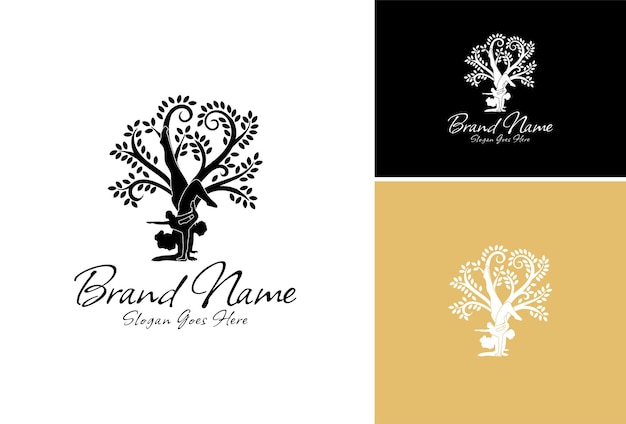 Set of silhouette woman in a tree pose Healthy lifestyle theme Yoga logo design