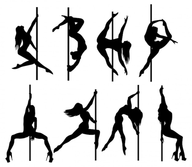 Vector set of silhouette women dancers on a pole.