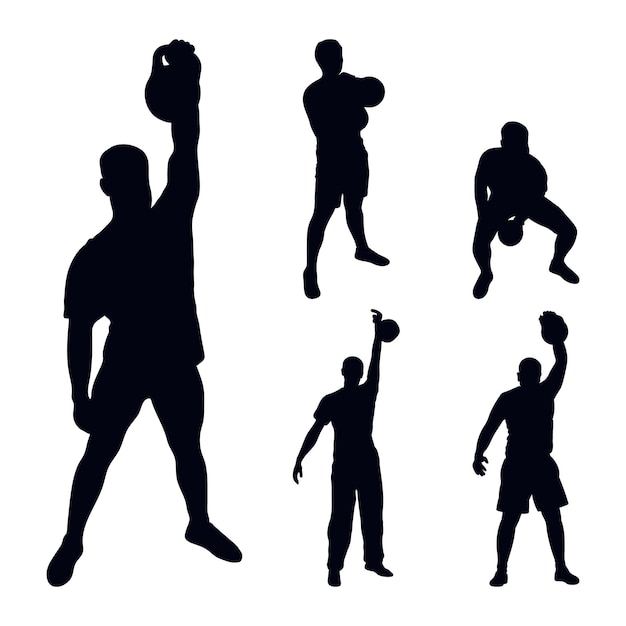 Set silhouetten atleten gewichtheffer lift kettlebell gewichten Gewichtheffen Vector cijfers mannen