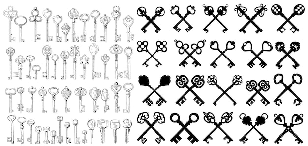 Set silhouetten en schetsen van oude sleutels