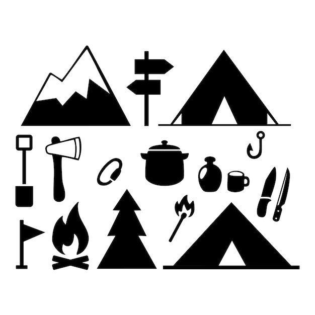Set silhouetten Travel Event Camping vector logo sjabloon Toeristische tent bos kamp bomen
