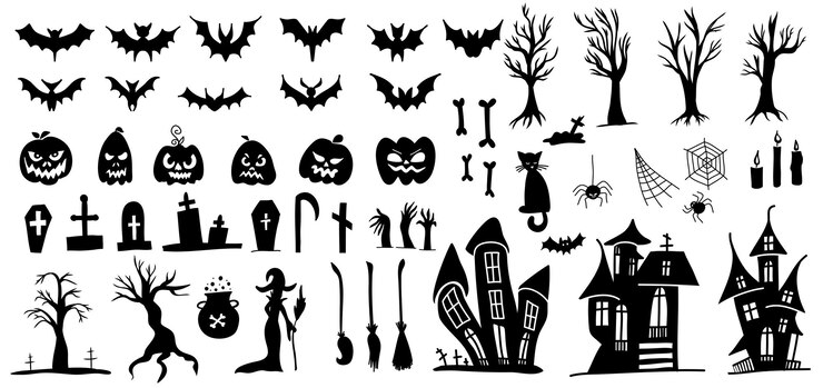 Set silhouetten van Halloween doodle stijl vector op een witte achtergrond.